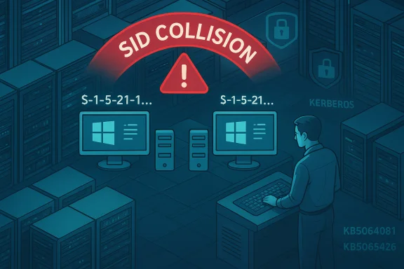 SID collision warning in a server room with two Windows desktops under a red alert. SID collision warning in a server room with two Windows desktops under a red alert.