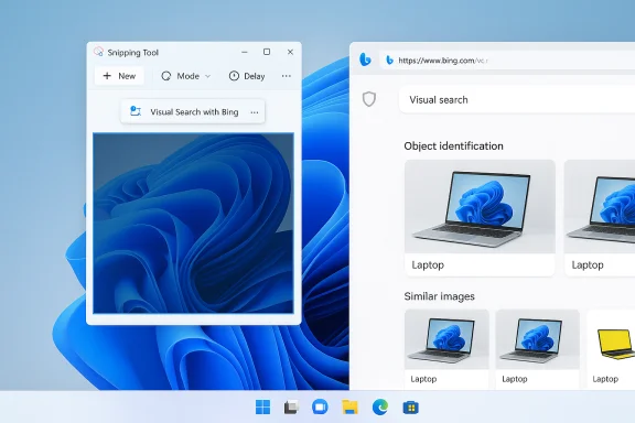 Windows 11 desktop with the Snipping Tool window beside a Bing Visual Search page. Windows 11 desktop with the Snipping Tool window beside a Bing Visual Search page.