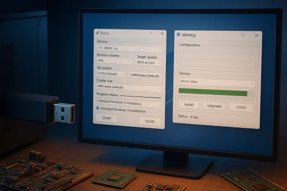 Monitor displaying Rufus and Ventoy bootable USB setup with a connected USB drive. Monitor displaying Rufus and Ventoy bootable USB setup with a connected USB drive.