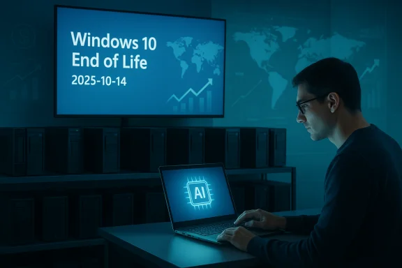 A man in a data center watches a monitor announcing Windows 10 End of Life. A man in a data center watches a monitor announcing Windows 10 End of Life.