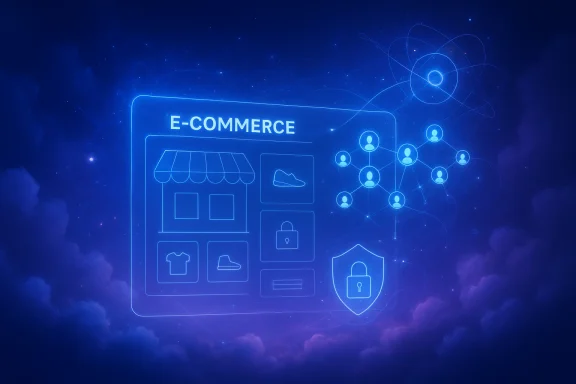 Neon blue e-commerce hologram shows storefront, products, and a security shield. Neon blue e-commerce hologram shows storefront, products, and a security shield.