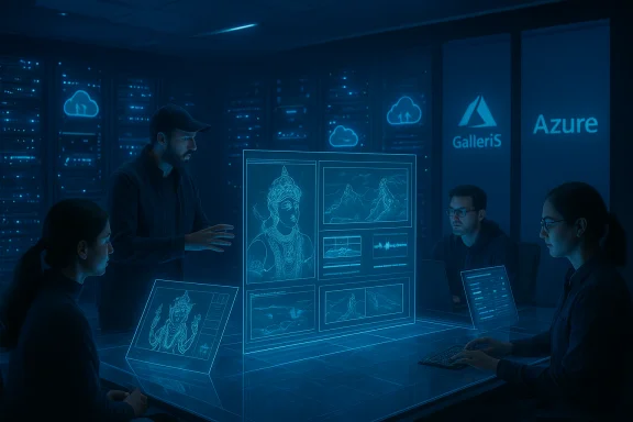 Team members in a data center study holographic art boards projected on a glass table. Team members in a data center study holographic art boards projected on a glass table.