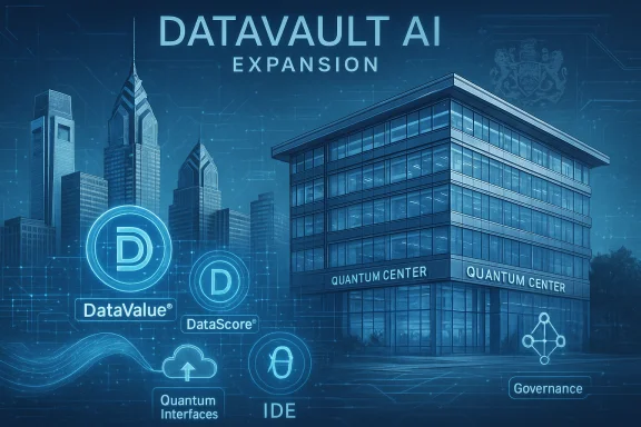 Futuristic city skyline with Quantum Center and DataVault AI branding. Futuristic city skyline with Quantum Center and DataVault AI branding.