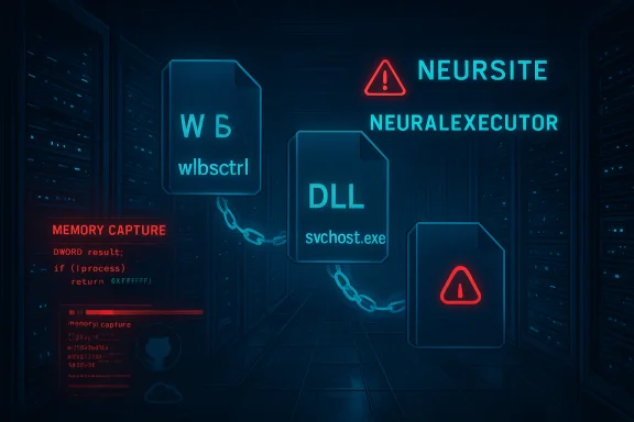 Neon data-center artwork depicting DLL svchost.exe and neural executor modules with warning icons. Neon data-center artwork depicting DLL svchost.exe and neural executor modules with warning icons.