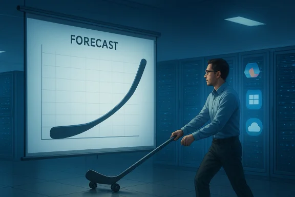 A man in a data center presents a rising forecast graph on a projection screen. A man in a data center presents a rising forecast graph on a projection screen.