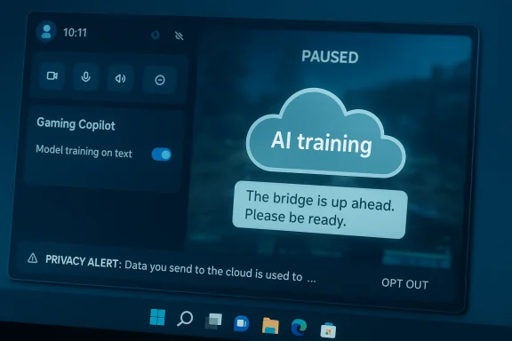 Paused AI training dashboard with a cloud icon and Gaming Copilot settings. Paused AI training dashboard with a cloud icon and Gaming Copilot settings.