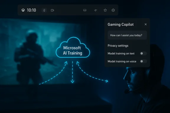 Blue neon cloud labeled “Microsoft AI Training” with a Gaming Copilot privacy panel and a headset-wearing gamer. Blue neon cloud labeled “Microsoft AI Training” with a Gaming Copilot privacy panel and a headset-wearing gamer.