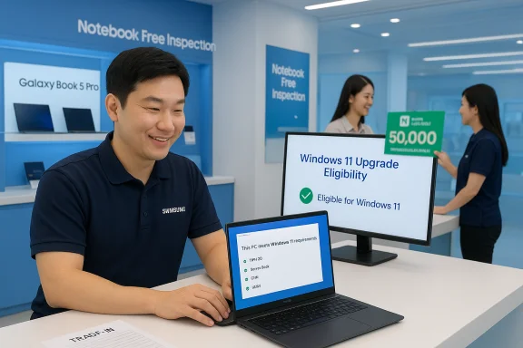 Samsung staff assists customers at a blue-themed store promoting Windows 11 upgrade eligibility. Samsung staff assists customers at a blue-themed store promoting Windows 11 upgrade eligibility.