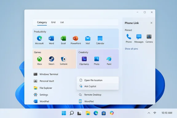 Windows 11-style start menu with app categories and a right-side Phone Link panel.