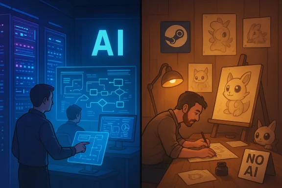 Split scene: a blue AI lab with servers on the left, and a warm artist drawing cute creature sketches on the right. Split scene: a blue AI lab with servers on the left, and a warm artist drawing cute creature sketches on the right.
