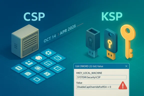 Illustration contrasting CSP and KSP cryptographic providers with a Windows RSA registry edit. Illustration contrasting CSP and KSP cryptographic providers with a Windows RSA registry edit.