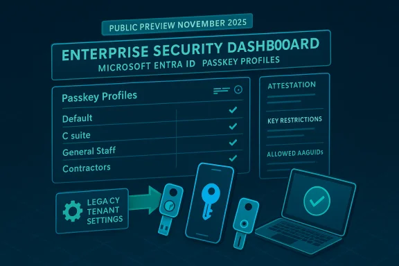 Enterprise security dashboard UI showing passkey profiles and device access controls. Enterprise security dashboard UI showing passkey profiles and device access controls.