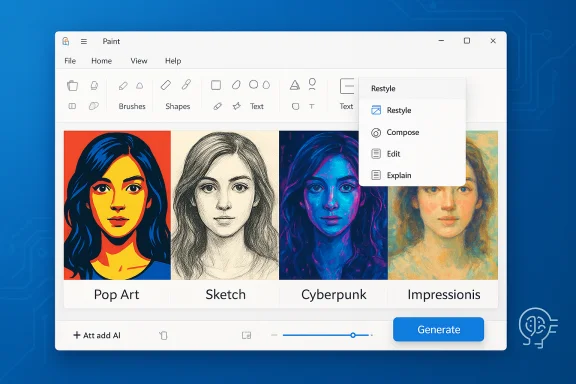 A Paint-like UI showing four AI-generated art styles: Pop Art, Sketch, Cyberpunk, Impressionism. A Paint-like UI showing four AI-generated art styles: Pop Art, Sketch, Cyberpunk, Impressionism.