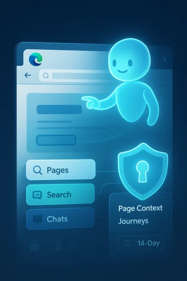 A glowing blue mascot guides a browser UI with pages, search, chats, and a shield icon.