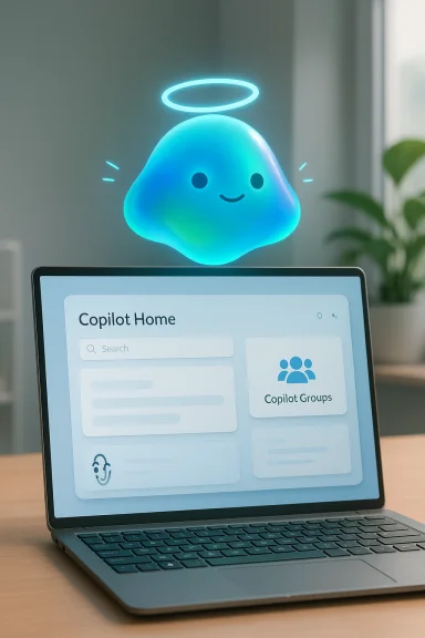A glowing blue blob with a halo floats above a laptop displaying Copilot Home. A glowing blue blob with a halo floats above a laptop displaying Copilot Home.