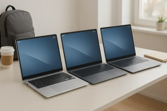 Three laptops open on a desk, with a backpack, coffee, and notebook nearby. Three laptops open on a desk, with a backpack, coffee, and notebook nearby.