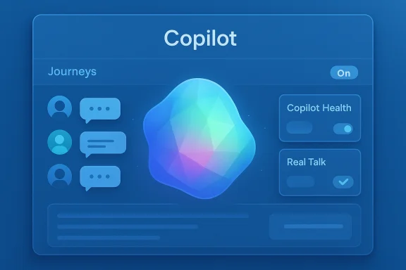 Blue Copilot UI featuring a colorful geometric blob, chat icons, and health/talk panels. Blue Copilot UI featuring a colorful geometric blob, chat icons, and health/talk panels.