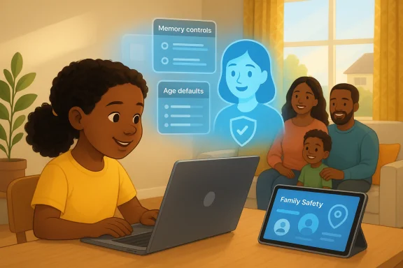 A child uses a laptop with holographic family-safety controls hovering nearby while a family sits together. A child uses a laptop with holographic family-safety controls hovering nearby while a family sits together.