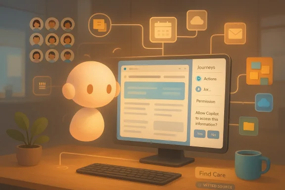 A friendly cartoon bot sits beside a computer screen showing a dashboard of journeys and actions. A friendly cartoon bot sits beside a computer screen showing a dashboard of journeys and actions.
