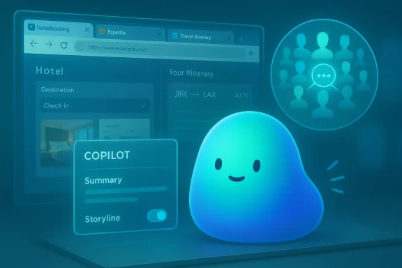 Friendly blue Copilot stands before a travel-planning UI and a group-chat icon. Friendly blue Copilot stands before a travel-planning UI and a group-chat icon.
