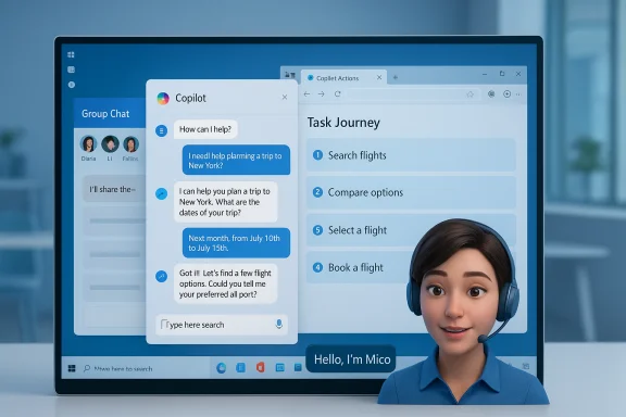 A laptop screen shows Copilot chat and a task journey, with a 3D headset-wearing avatar beside.