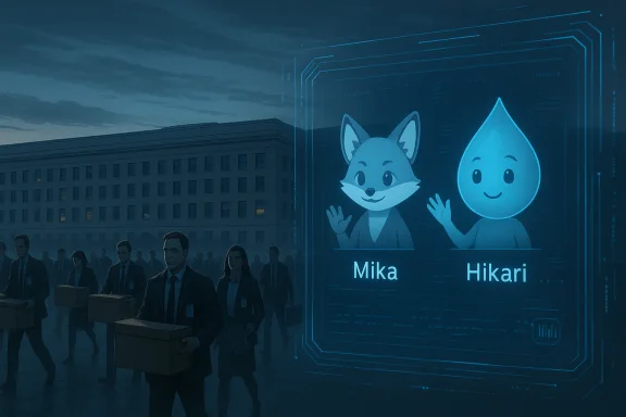 Businesspeople in suits carry boxes as a holographic screen shows Mika the fox and Hikari the water droplet.