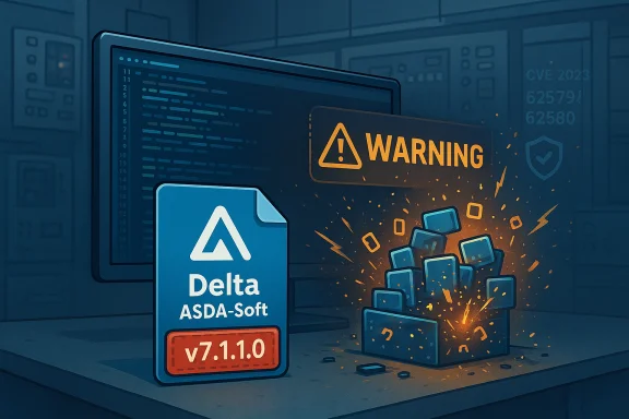 Delta ASDA-Soft v7.1.0 software box near a glowing WARNING as blue blocks explode.