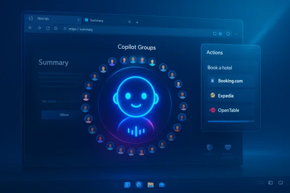 Neon blue AI dashboard showing Copilot Groups with a circular avatar ring and a hotel-booking panel. Neon blue AI dashboard showing Copilot Groups with a circular avatar ring and a hotel-booking panel.