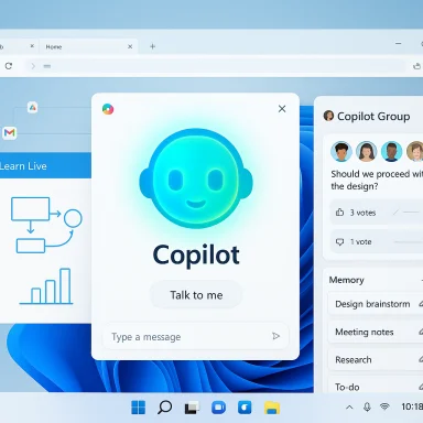 Copilot chat card with a glowing blue bot and 'Talk to me' on a Windows-like desktop. Copilot chat card with a glowing blue bot and 'Talk to me' on a Windows-like desktop.
