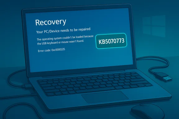 Windows Recovery screen on a laptop: USB keyboard/mouse not found, error 0xc0000225. Windows Recovery screen on a laptop: USB keyboard/mouse not found, error 0xc0000225.