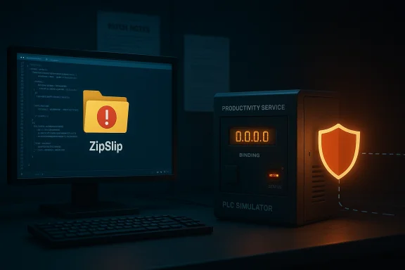 Computer screen displays a ZipSlip warning icon beside a PLC simulator with a glowing shield.