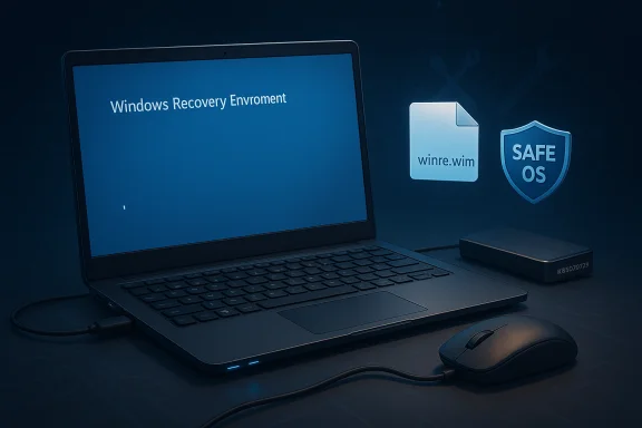Laptop displaying Windows Recovery Environment with a winre.wim file and Safe OS shield. Laptop displaying Windows Recovery Environment with a winre.wim file and Safe OS shield.