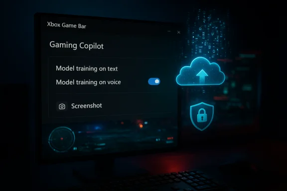Xbox Game Bar shows Gaming Copilot panel with model training options, cloud upload, and security icons. Xbox Game Bar shows Gaming Copilot panel with model training options, cloud upload, and security icons.