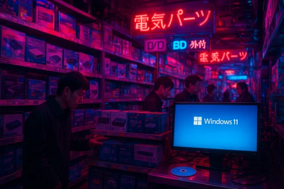 Neon-lit electronics shop with staff among packed shelves and a Windows 11 display. Neon-lit electronics shop with staff among packed shelves and a Windows 11 display.