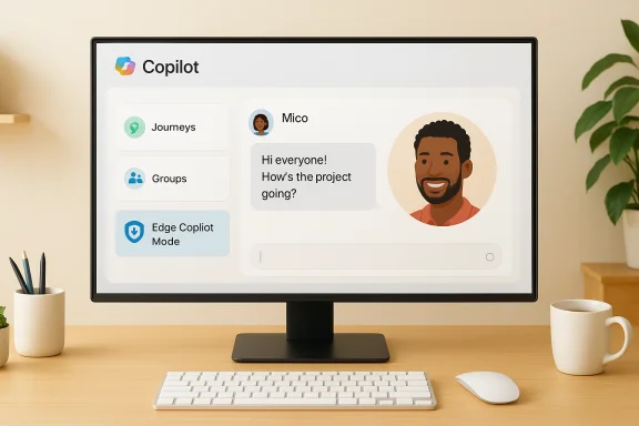 Monitor shows Copilot app with a left navigation panel, a chat from Mico, and a large avatar. Monitor shows Copilot app with a left navigation panel, a chat from Mico, and a large avatar.