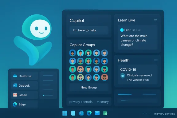 A teal UI dashboard featuring Copilot panels, user groups, and app shortcuts beside a friendly mascot. A teal UI dashboard featuring Copilot panels, user groups, and app shortcuts beside a friendly mascot.