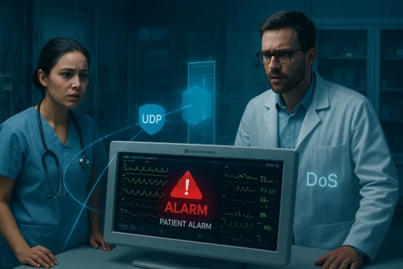Two doctors monitor a patient as a red alarm flashes on a futuristic medical screen. Two doctors monitor a patient as a red alarm flashes on a futuristic medical screen.