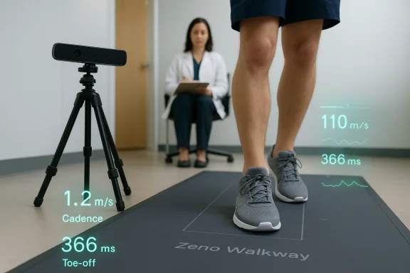 Person walks on a Zero Walkway gait mat while a clinician records real-time gait metrics. Person walks on a Zero Walkway gait mat while a clinician records real-time gait metrics.