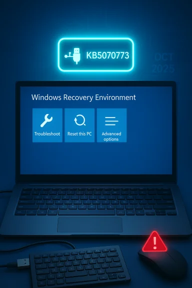 Laptop shows Windows Recovery Environment with Troubleshoot, Reset this PC, and Advanced options. Laptop shows Windows Recovery Environment with Troubleshoot, Reset this PC, and Advanced options.