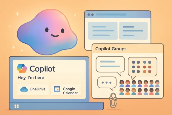 A friendly gradient cloud mascot beside Copilot branding with laptops and team collaboration dashboards. A friendly gradient cloud mascot beside Copilot branding with laptops and team collaboration dashboards.