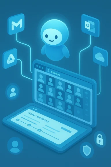 Blue robot guides hotel booking and online journeys on a laptop. Blue robot guides hotel booking and online journeys on a laptop.