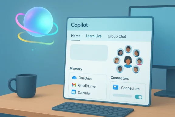 Desk setup with a monitor displaying Copilot UI, a colorful orbiting orb, keyboard and mug. Desk setup with a monitor displaying Copilot UI, a colorful orbiting orb, keyboard and mug.