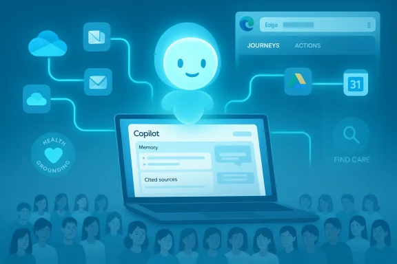 A friendly AI Copilot links cloud apps and people around a central laptop screen. A friendly AI Copilot links cloud apps and people around a central laptop screen.