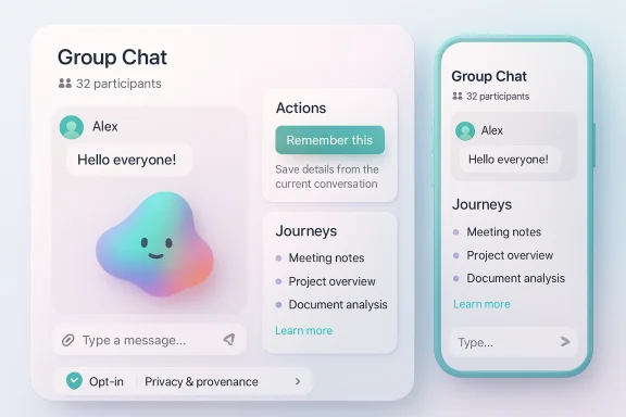 Pastel group-chat UI on desktop and mobile featuring message bubbles, actions, and journeys cards. Pastel group-chat UI on desktop and mobile featuring message bubbles, actions, and journeys cards.