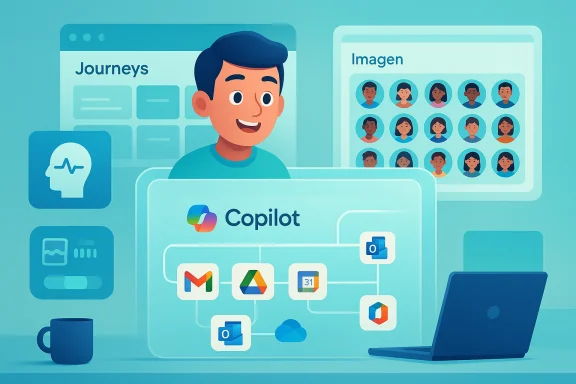 A person uses Copilot to integrate Gmail, Drive, and Outlook in a streamlined digital workspace.