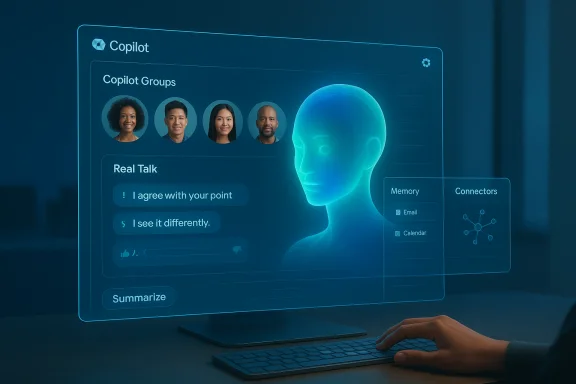 A futuristic Copilot interface displays group avatars, real-talk chat, and a glowing blue 3D head. A futuristic Copilot interface displays group avatars, real-talk chat, and a glowing blue 3D head.
