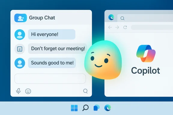 Group chat UI on the left, Copilot branding on the right, with a friendly gradient mascot in between. Group chat UI on the left, Copilot branding on the right, with a friendly gradient mascot in between.