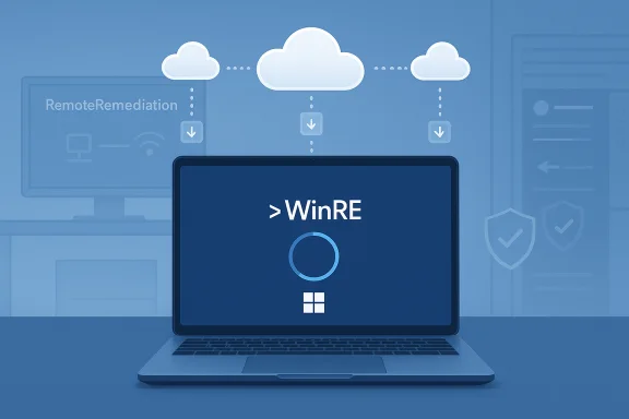 Laptop displays WinRE amid cloud-based remote remediation visuals. Laptop displays WinRE amid cloud-based remote remediation visuals.