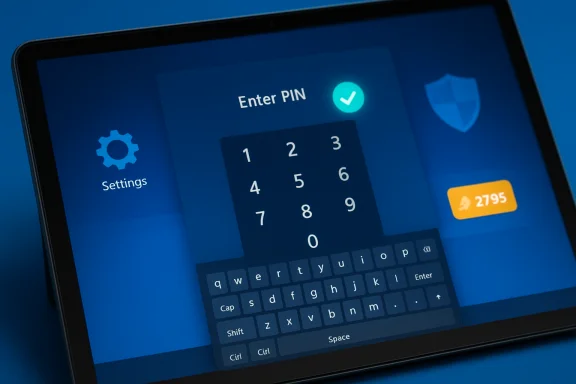 Blue-tinted tablet screen showing a PIN entry keypad with settings and security icons. Blue-tinted tablet screen showing a PIN entry keypad with settings and security icons.