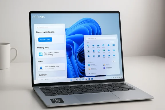 A sleek laptop on a clean desk with two overlapping app windows on a blue abstract wallpaper. A sleek laptop on a clean desk with two overlapping app windows on a blue abstract wallpaper.